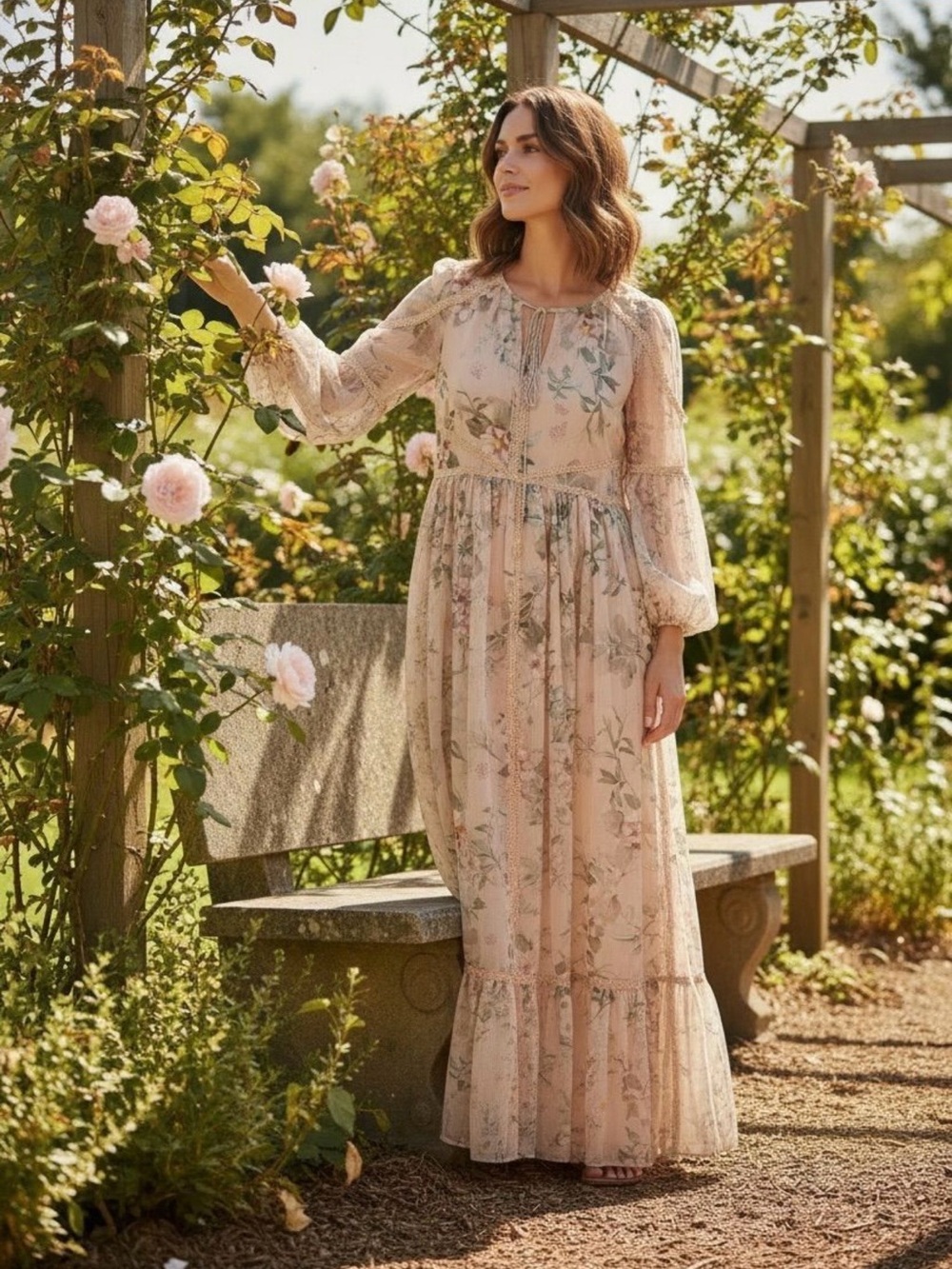 Sowears Peach Floral Long-Sleeve Maxi Dress